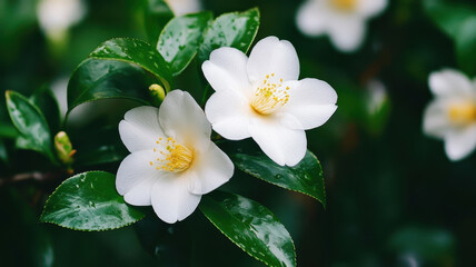 Obraz premium Delicate white camellias bloom gracefully among lush green leaves, creating serene and tranquil atmosphere. soft focus enhances their beauty, inviting sense of calm and peace