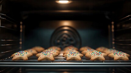 Star Shaped Cookies Baking in Oven  Delicious Sweet Treats  Golden Brown  Sprinkles