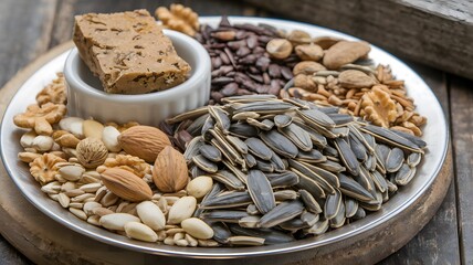 Obraz premium Assorted healthy snacks displayed on a silver platter with nuts, seeds, and energy bars in a rustic setting