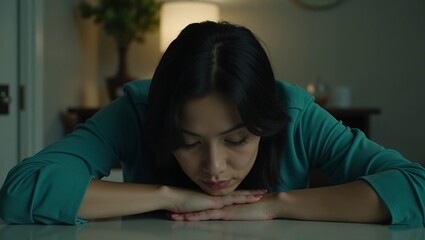 cinematic a woman with their eyes closed, slumped forward on a table. wearing a turquoise shirt and has dark hair