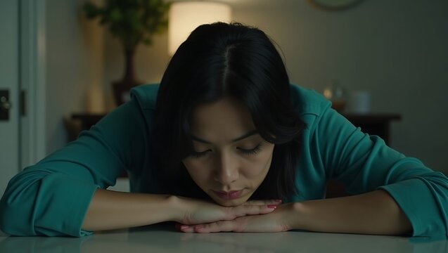 cinematic a woman with their eyes closed, slumped forward on a table. wearing a turquoise shirt and has dark hair - Powered by Adobe