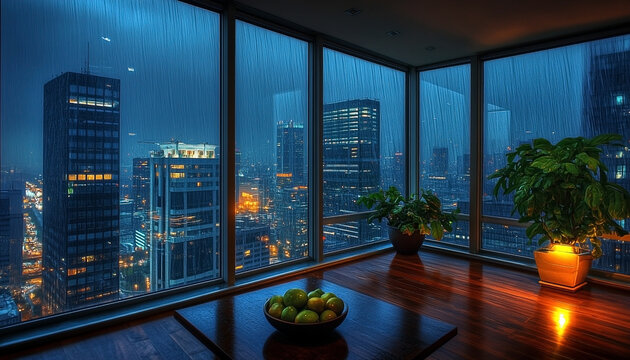 Rainy night in a modern apartment with floor-to-ceiling windows overlooking the city