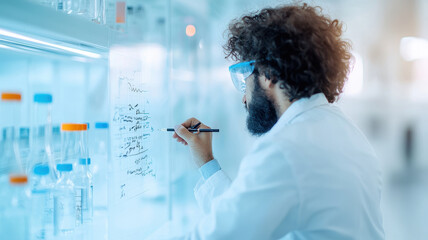 scientist laboratory is focused writing complex formulas glass surface, surrounded by laboratory equipment and glassware. atmosphere is bright and modern, reflecting sense of innovation