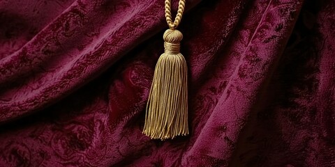 A rich burgundy velvet curtain with deep folds and a regal golden tassel