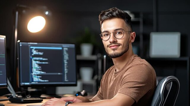 Code Whisperer: A focused software developer, illuminated by the soft glow of a desk lamp, crafting intricate code on multiple screens, embodying the spirit of innovation and technological prowess.