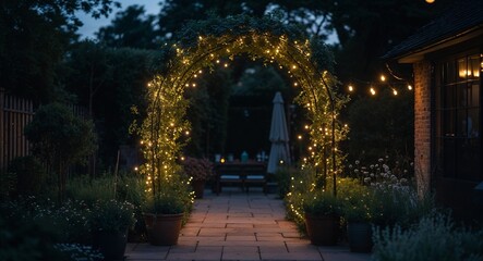 Fototapeta premium Garden archway with dim fairy lights on a dark evening