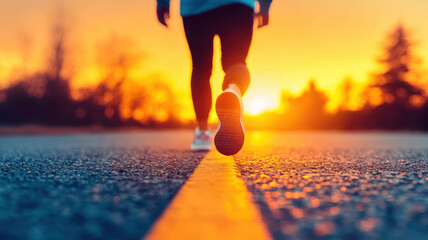 runner silhouette strides along empty city street at sunset, with vibrant golden hues illuminating scene, evoking sense of freedom and determination