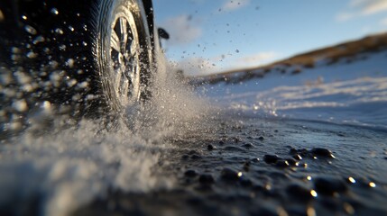 Snowy road, splashing water.  Tire tracks in winter