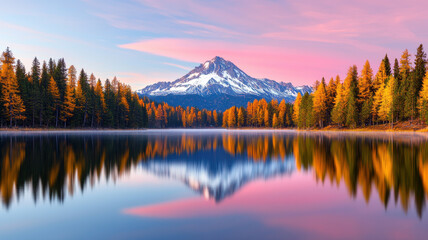 Obraz premium serene mountain lake at sunrise, surrounded by vibrant autumn trees and majestic peak reflecting in calm water. colorful sky enhances tranquil atmosphere