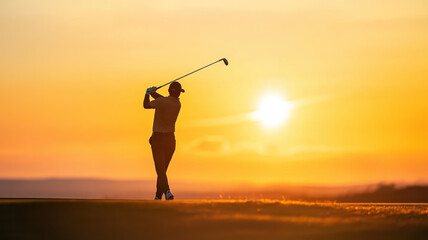 golfer is captured in mid swing against stunning sunset, showcasing beauty of sport and serene atmosphere of evening. silhouette highlights golfer form and dedication