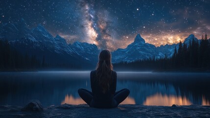 Milky Way Serenity: A Woman Meditates by a Tranquil Lake Underneath a Starry Night Sky, Surrounded by Majestic Mountains