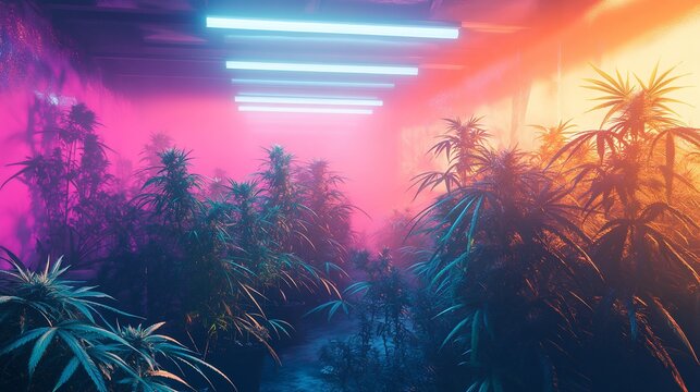 Neon-Lit Indoor Cannabis Farm Cultivation with Vibrant Pink and Orange Hues