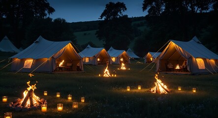 Golden firelight illuminating tents in dark meadow