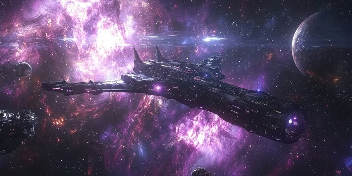 A stunning sci-fi landscape with alien planets, glowing nebulas, and futuristic space stations