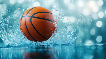basketball splashes into water, creating dynamic droplets and ripples, set against blurred, shimmering background. scene captures excitement and energy of moment