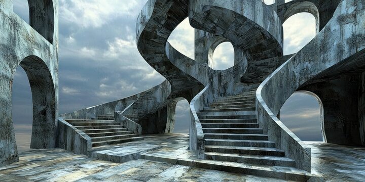 A surreal architectural structure with staircases leading in all directions