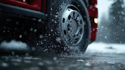 Heavy vehicle tire on snowy road.  Water and ice droplets on the tire and road surface.  Winter weather conditions