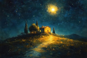 Holy Night Sky with Star Over Manger in Minimalist Nativity Scene