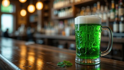 Green Beer in a Glass Mug on a Bar Counter Surrounded by Dim Ambient Lighting and Bottles