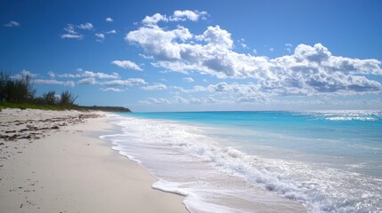 Fototapeta premium A tranquil beach scene with calm waves and the horizon blending into the distant sky