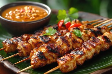 Fototapeta premium Grilled Chicken Satay Skewers with Peanut Sauce on Banana Leaves