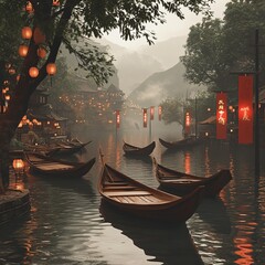Obraz premium A serene riverside with lanterns and red banners tied to small wooden boats