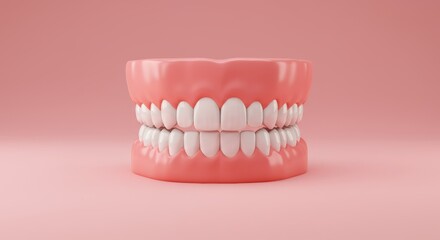 Dental model on a pink background with artificial gums and teeth rendering