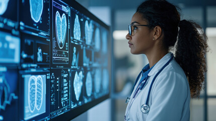 healthcare professional analyzes medical imaging data on digital screen, showcasing advanced technology in clinical setting