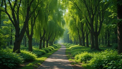 Fototapeta premium Lush Green Pathway Surrounded by Majestic Willows in a Sunlit Forest Setting