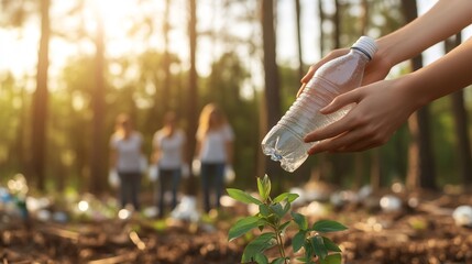 Volunteers disposing plastic bottle in nature.