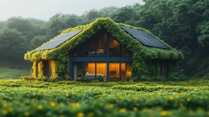 Fototapeta premium Eco-Friendly House nestled in lush greenery, powered by solar energy, a sustainable living concept