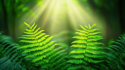 Lush green ferns basking in sunlight filtering through dense rainforest canopy create serene and tranquil atmosphere, inviting sense of peace and connection with nature