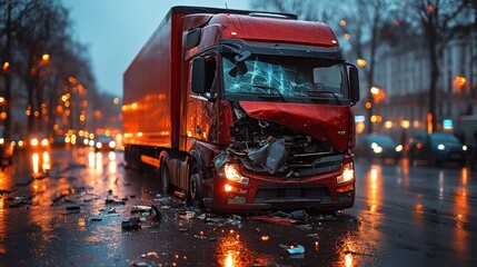 Wrecked Truck on City Street at Night