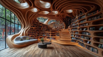 Obraz premium Organic Wooden Library Interior Design