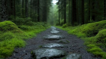 Fototapeta premium Forest path lined with wet stones, moss-covered ground