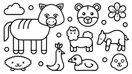 A fun set of cute and funny cartoon animals including a cat, dog, elephant, lion, cow, pig, giraffe, bear, zebra, and horse in a playful, baby-style illustration