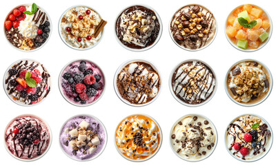 Assorted Ice Cream Cups with Toppings and Fruits in a Grid Layout, Perfect for Summer Desserts and Parties, Ideal for Marketing and Culinary Use. Piquant food set.