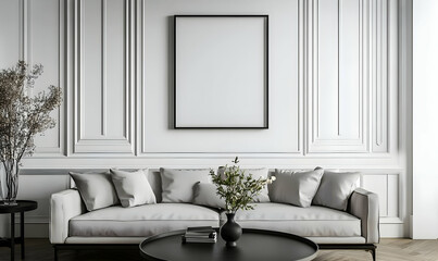 Elegant Living Room Interior with White Paneled Walls and Decor