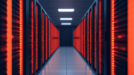 Fototapeta premium modern data center corridor featuring rows of data storage servers illuminated by red lights, creating high tech atmosphere. sleek design and vibrant colors evoke sense of advanced technology