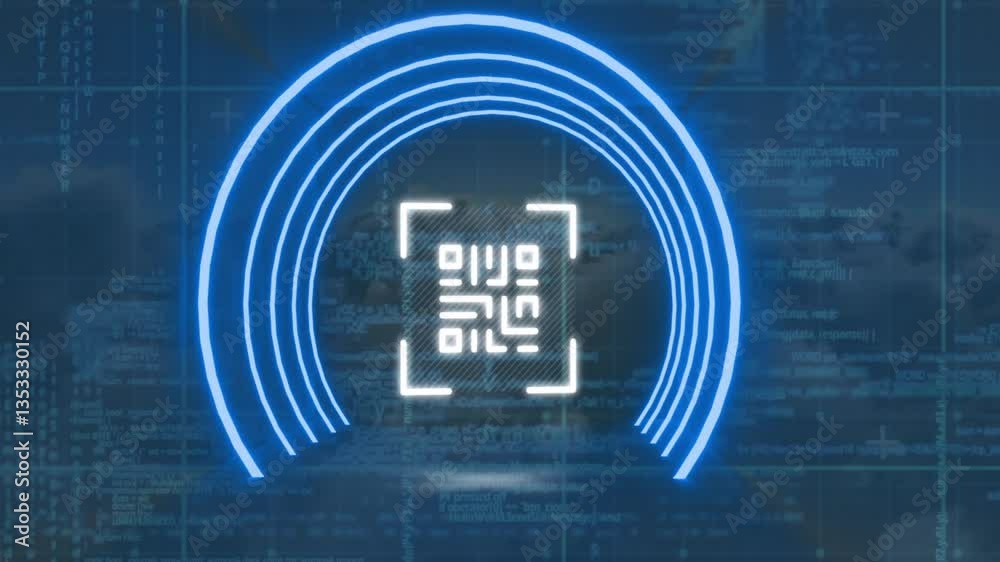 Poster Animation of glowing blue arcs with digital code pattern on data background