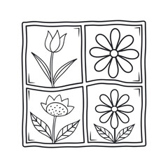 Black and white line drawing square containing a simple flower and plant's design