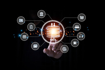 Data management on Cloud computing technology system for management storage and search on computer network database file document online transfer and sharing big data for analytics concepts.
