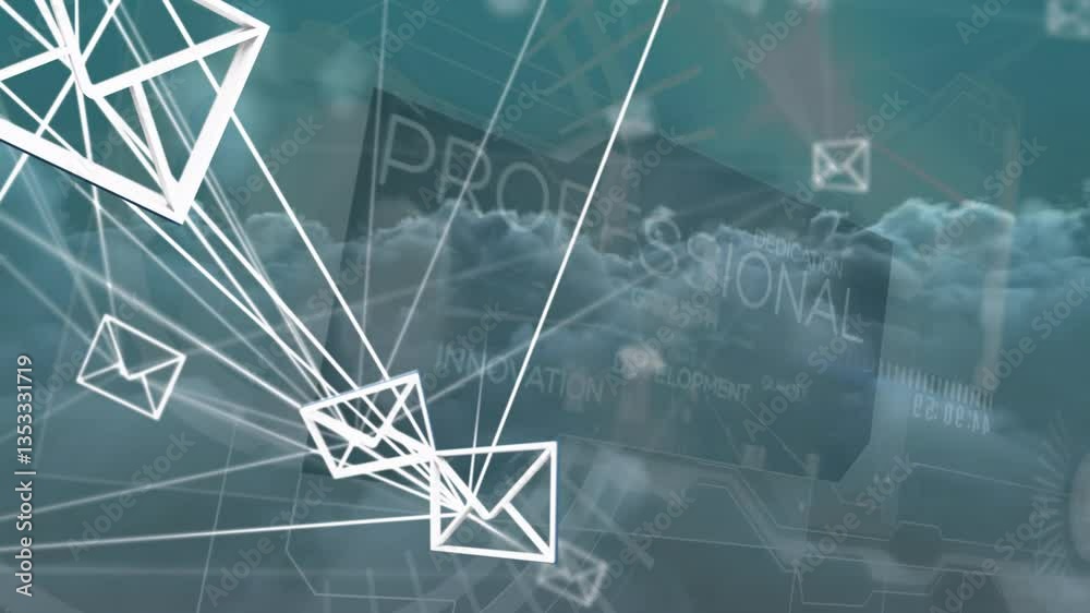 Wall mural geometric shapes and professional text animation over cloudy sky background