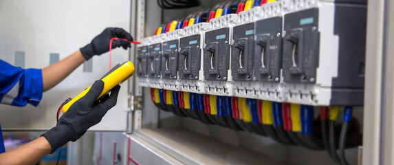 Electrical service technician using electricity checking equipment to check electric current...