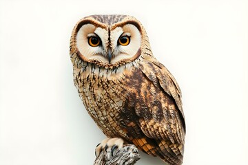 Naklejka premium Majestic Owl Against White Background with Intense Gaze