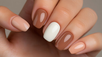 Aesthetic nail color palette featuring variety of shades including nude, brown, and white. nails are well manicured, showcasing stylish and modern look that evokes sense of elegance and creativity
