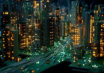 Green Circuit Board Cityscape with Illuminated Buildings at Night