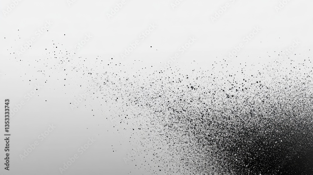 Poster abstract representation of particles dispersing into the air, creating a gradient from black to whit