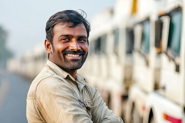 Labor day A portrait of an attractive Indian Man, smiling truck driver standing in front of his white semi-trucks. He is wearing workwear and has dark hair with a stubble beard