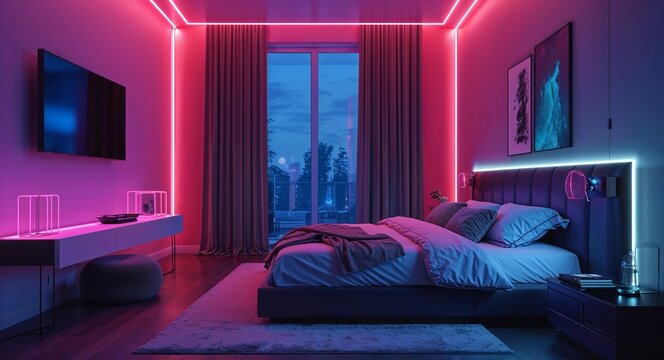 Modern bedroom with neon wall accents and dimmed night lighting